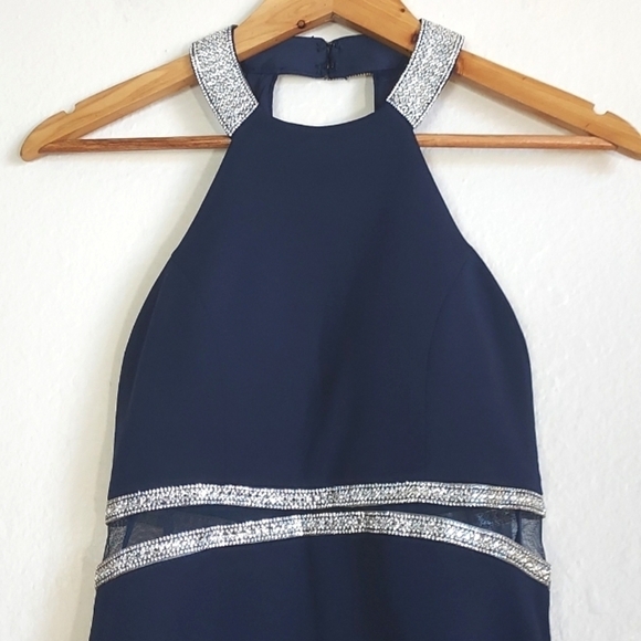 NEW My Michelle Rhinestone Dress Mesh Cutouts High Neck Halter Navy Blue Size 1 - Picture 3 of 16